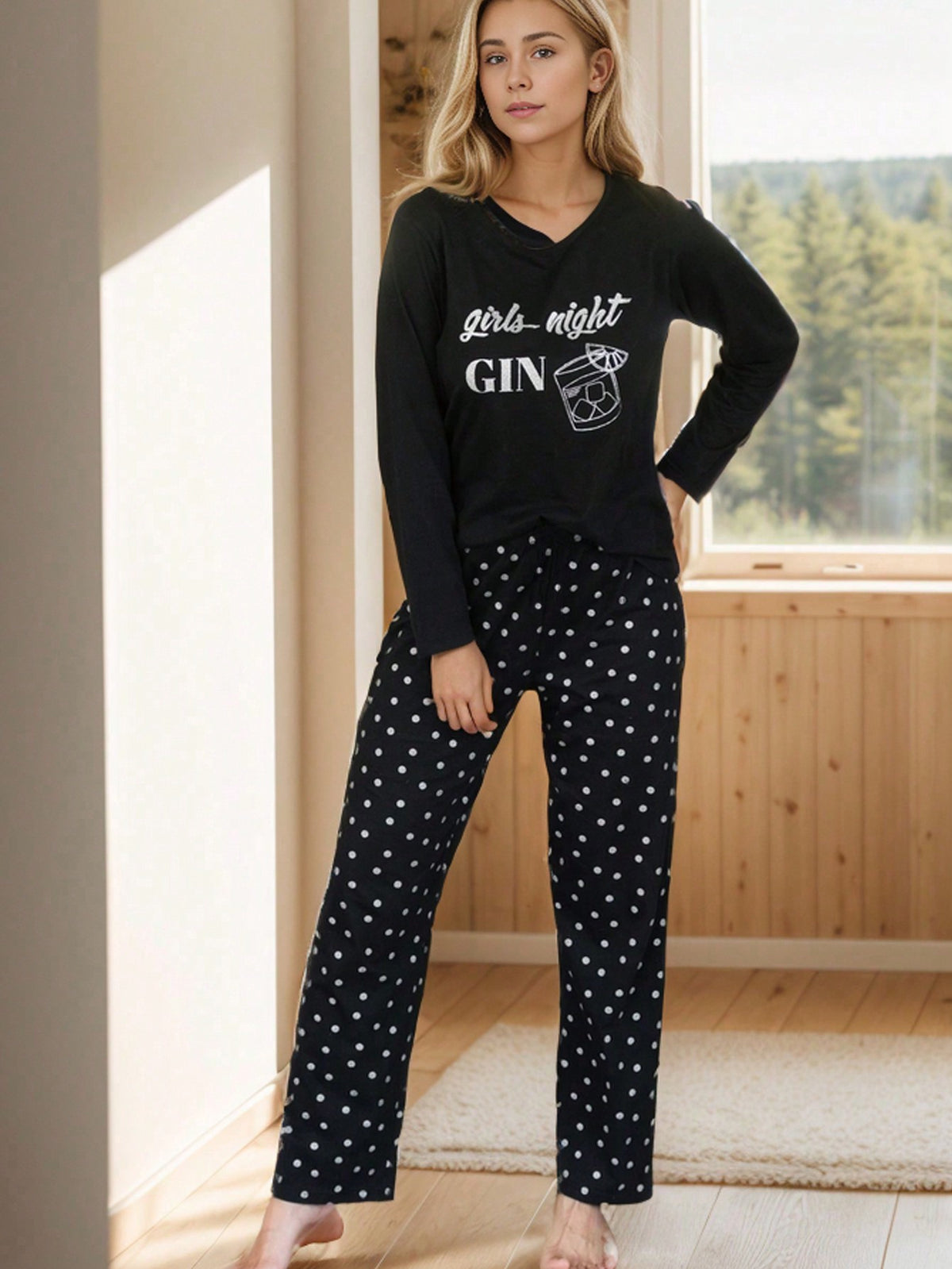 Ladies' Spring Letter & Polka Dot Print Pullover Sweatshirt And Pants Sleepwear Set