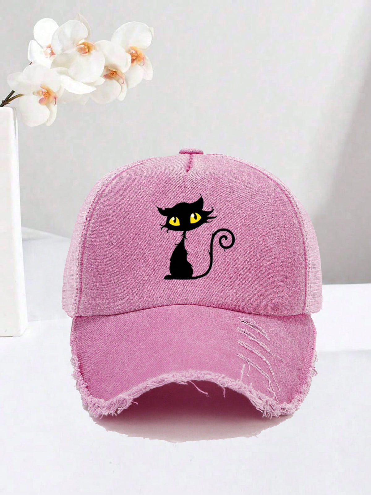 1pc Yellow Eyed Kitten Printed Sponge Cap Unisex Halloween Baseball Cap Vintage Washed Distressed Mesh Trucker Hat Adjustable Sports Hats For Women Men