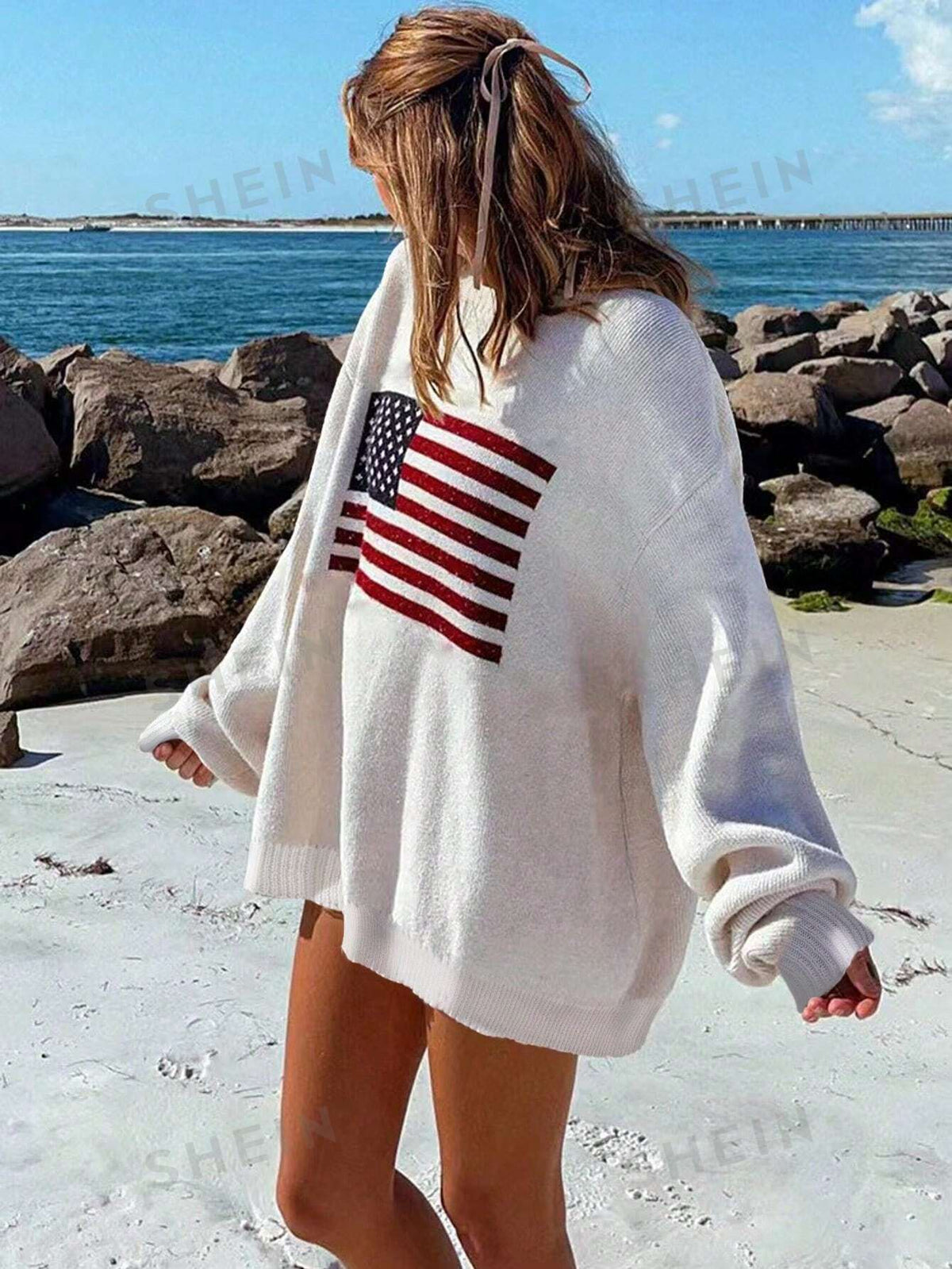 SHEIN Essnce Women's Casual US Flag Pattern Loose Sweater, Spring Autumn