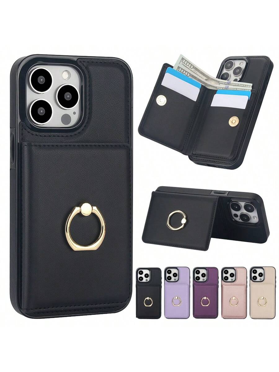 Wallet Solid Color Ring 360° Rotation Button Side Sticker With Card Slot RFID Blocking Kickstand Magnetism Flip PU Artificial Leather Case Compatible With Iphone 15 Pro Max 15 Plus 14 Pro Max 13 12 11