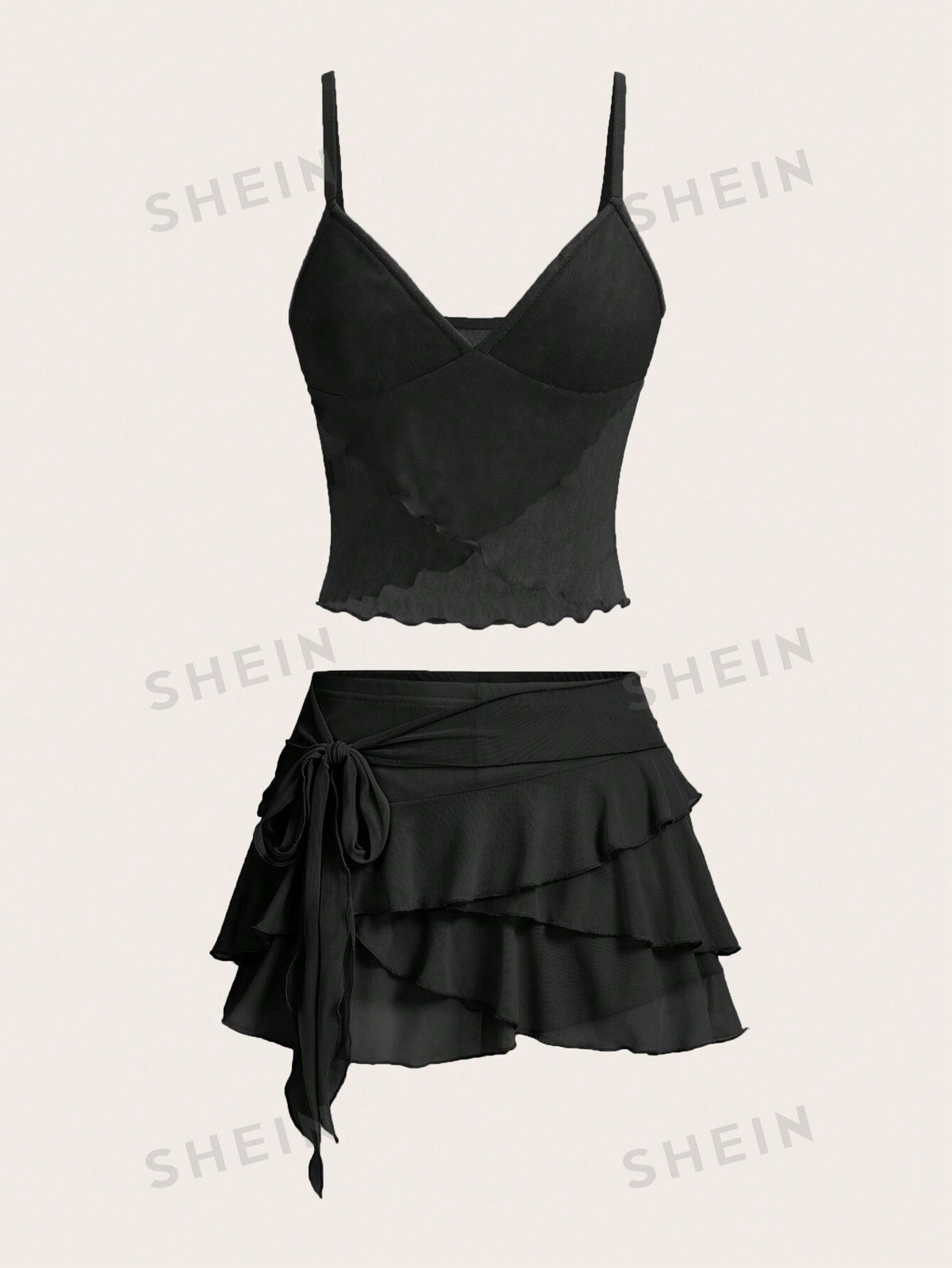 SHEIN ICON Summer Cross Wrap Mesh Spaghetti Strap Backless Tie Waist Crop Top & Skirt Co-Ord Set