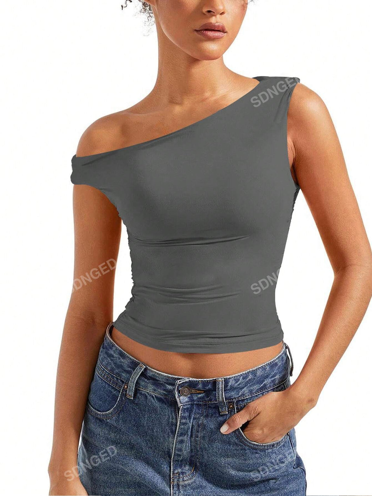 Summer Casual Solid Color Oblique-Shoulder Ruched Slim Fit Top