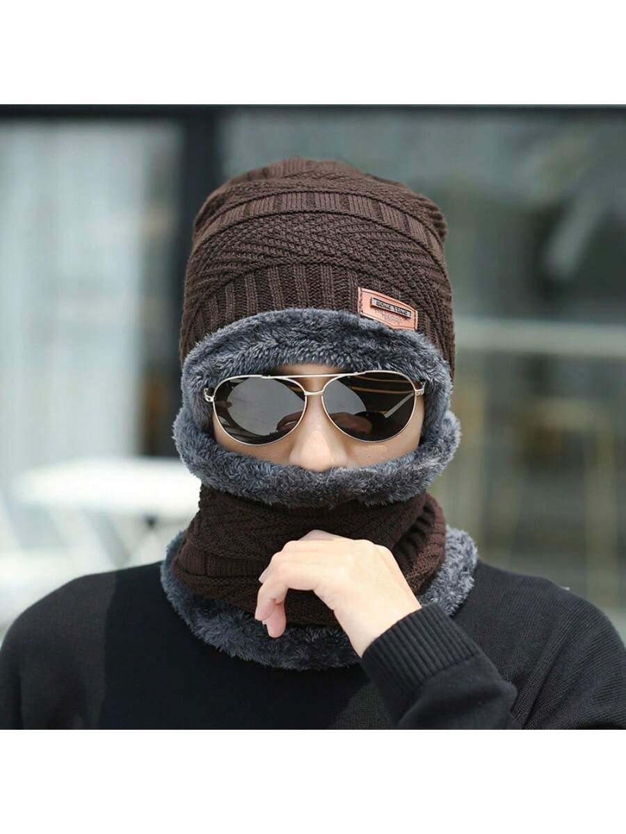 2pcs Winter Knitted Hat With Scarf For Men, Fleece Lined Thick Warm Beanie Set For Ski