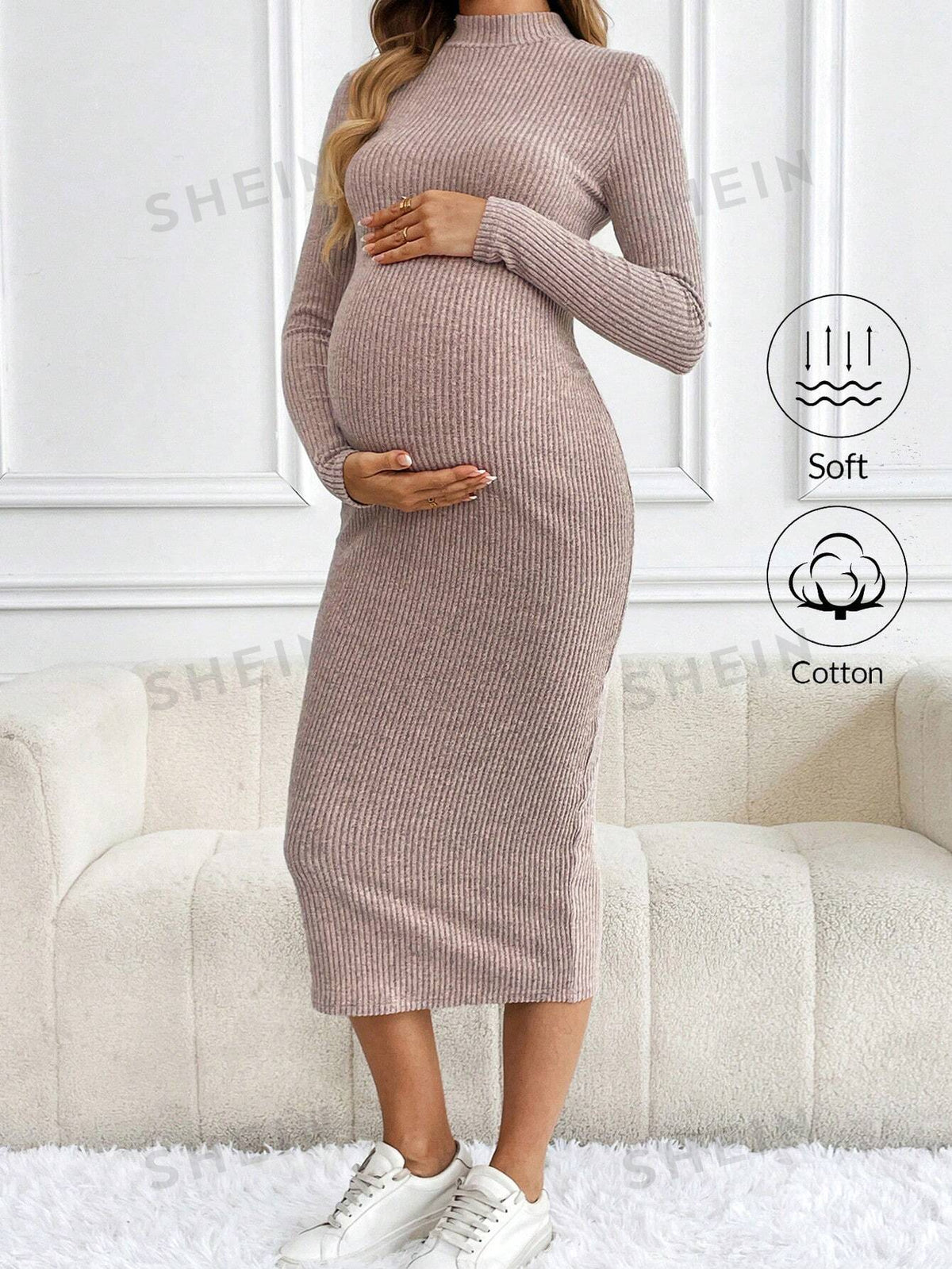 SHEIN Maternity Solid Color Stand Collar Slim Fit Casual Dress, Spring Autumn