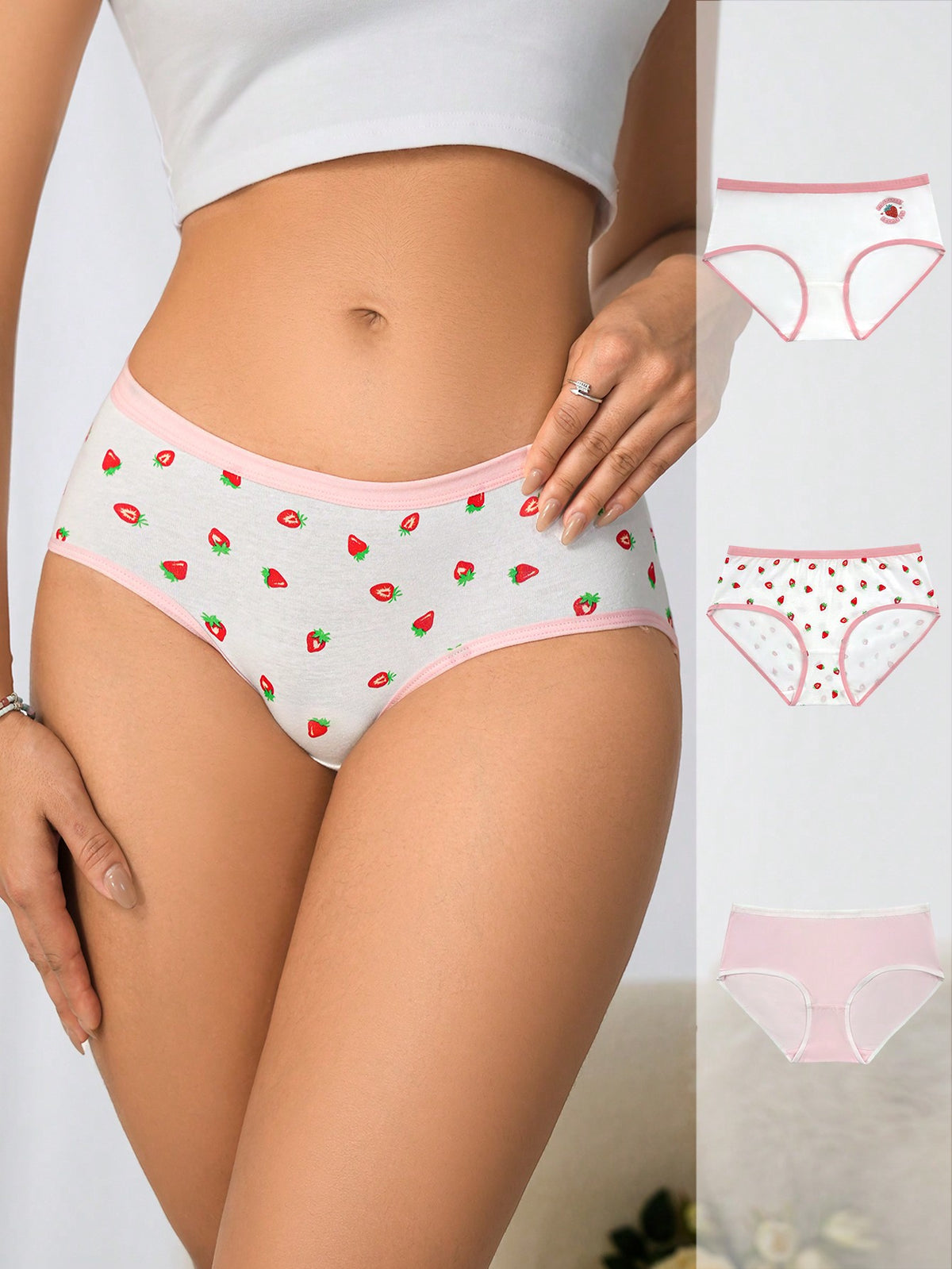 SHEIN 3pcs Cute Strawberry Print Contrast Color Daily Panties For Women