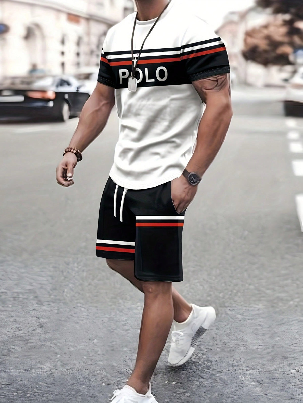 Men Letter Graphic Colorblock Tee & Drawstring Waist Shorts