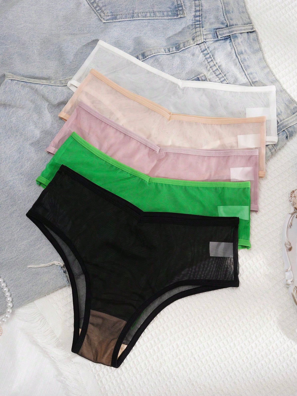 5pcs/Pack Multicolor Sexy Mesh Breathable Comfort Sheer Lace Briefs Underwear For Women