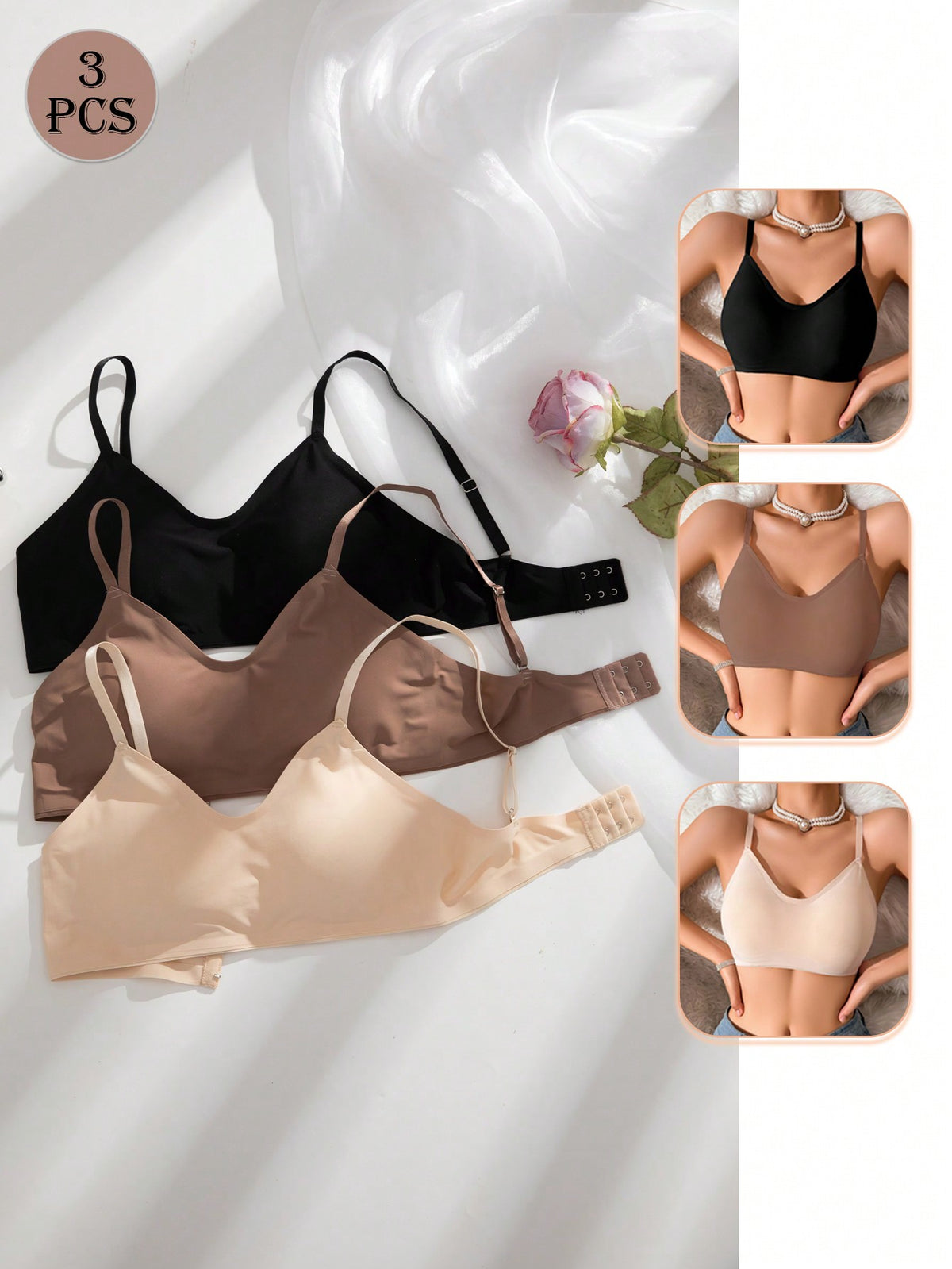 3pcs/Set Multi-Colored Spaghetti Strap Bra, Wireless Bralette With Padded Cups, Seamless Underwear