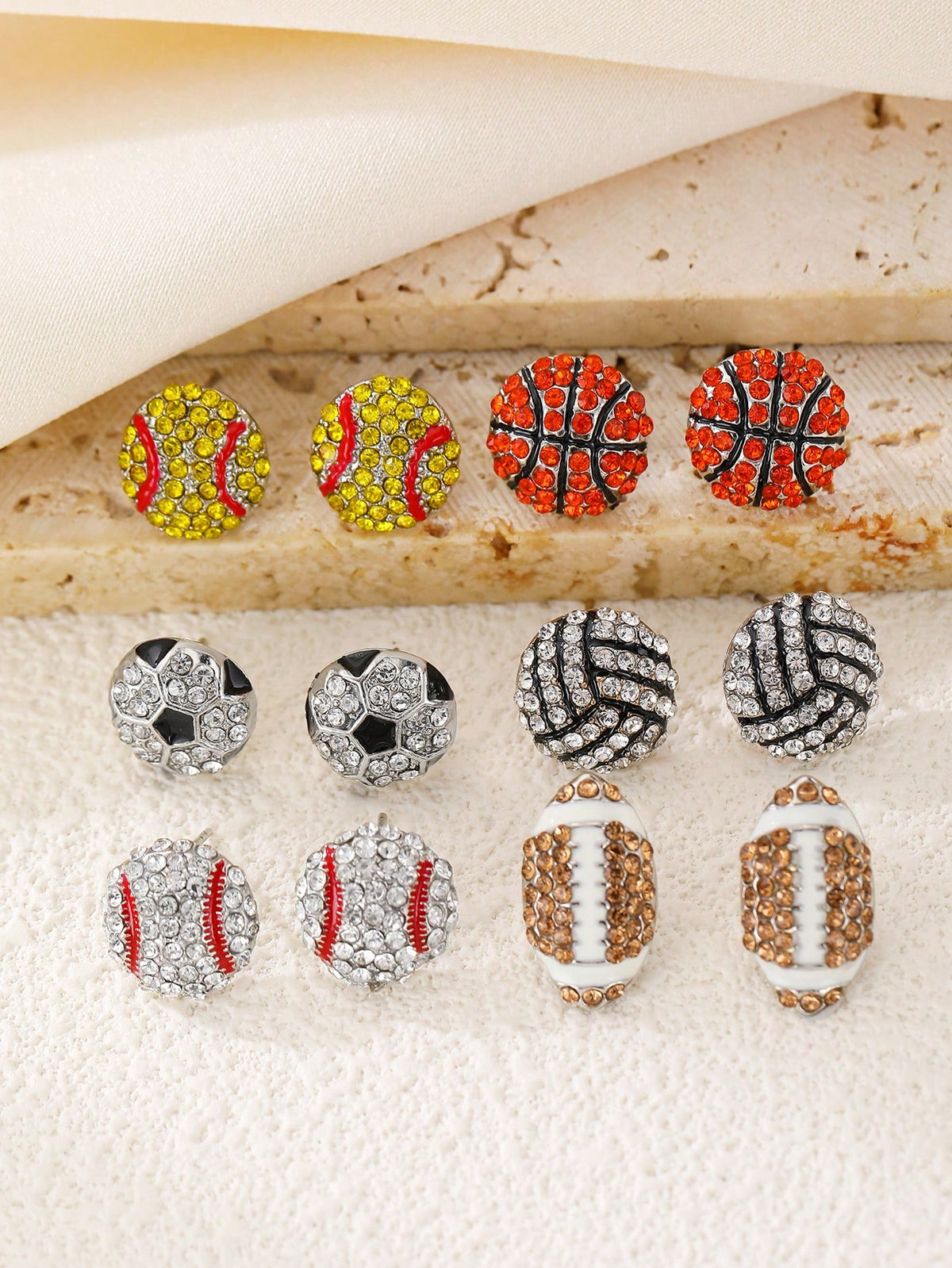 1pair New Fashionable Crystal Inlaid Sports Theme Stud Earrings For Women, Creative Design Inspirited By Ins (), Suitable For Football, Basketball, Baseball, Volleyball, Etc.