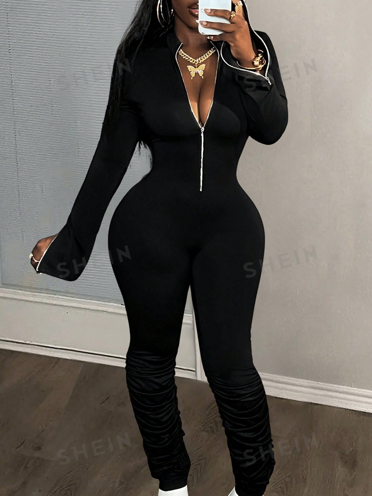 SHEIN Slayr 2024 New Elegant Casual Sexy Black Solid Color Long Sleeve Pleated Stacked Trousers Front Center Cuffs Zipper Slits Women Tight Jumpsuit-A