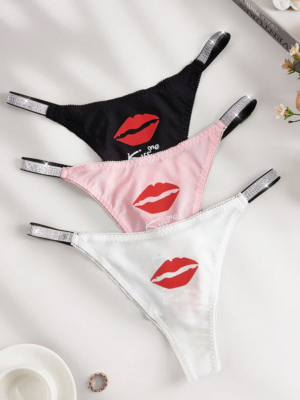 Sexy Women's Letter Lips Printed Thong 3-Piece Set