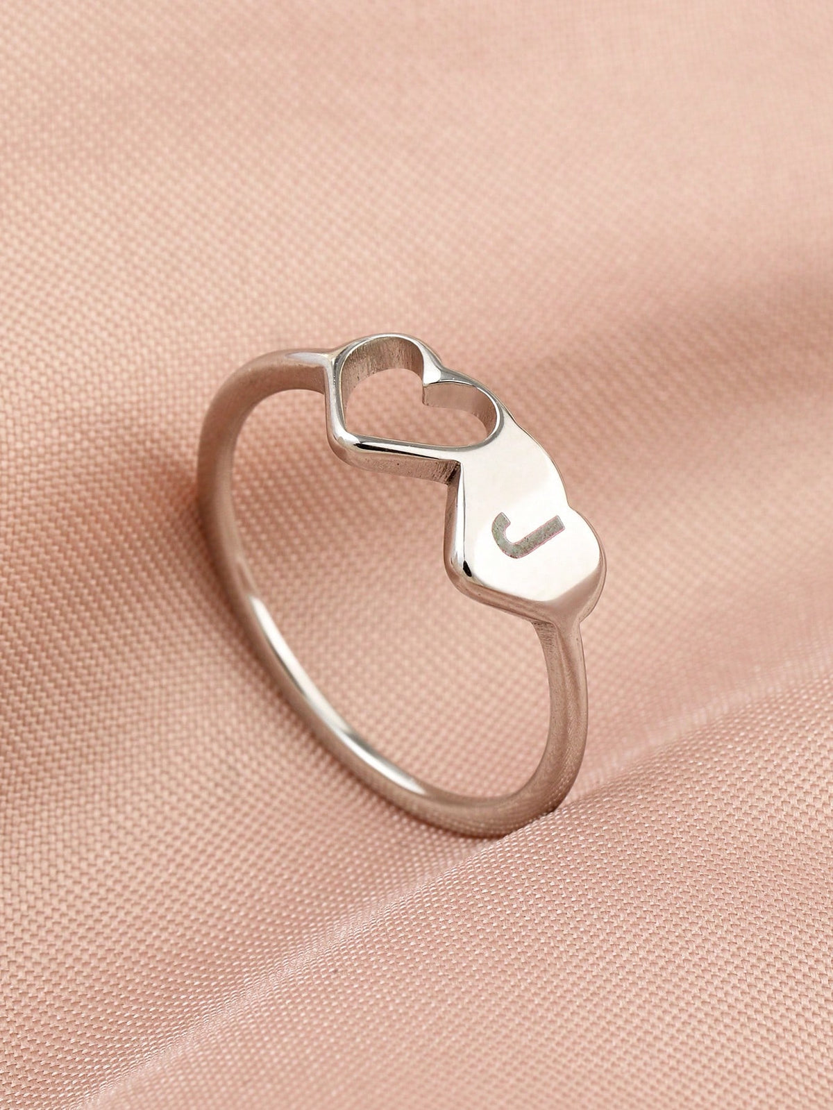 Onelike 1pc Stainless Steel Gold Colored Double Heart Ring With 26 Letters Engraved, Fashionable And Simple, Suitable For Daily Decoration Or Gift Giving